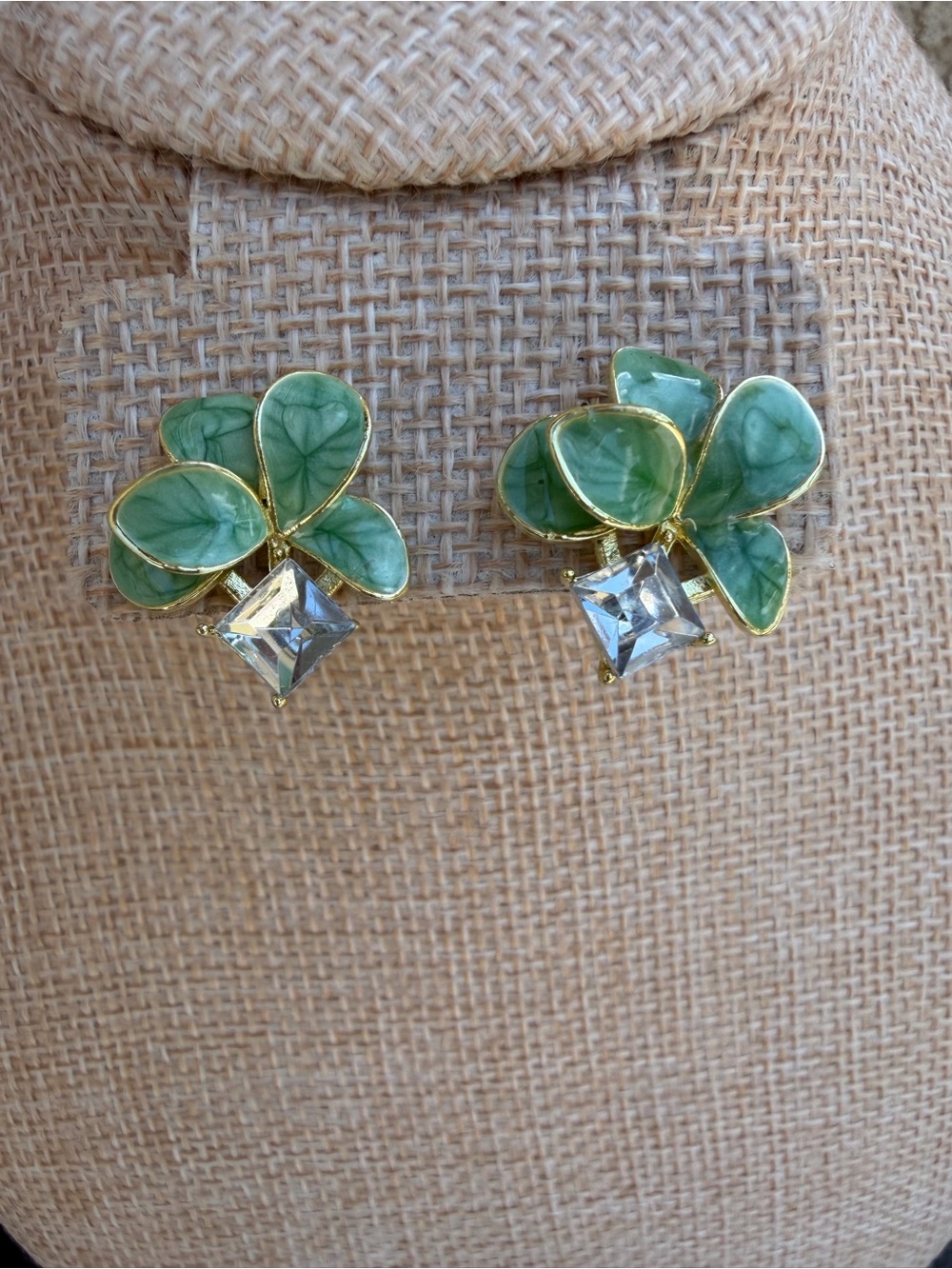 New Green Clover Petal Stud Earrings with Clear Gemstone